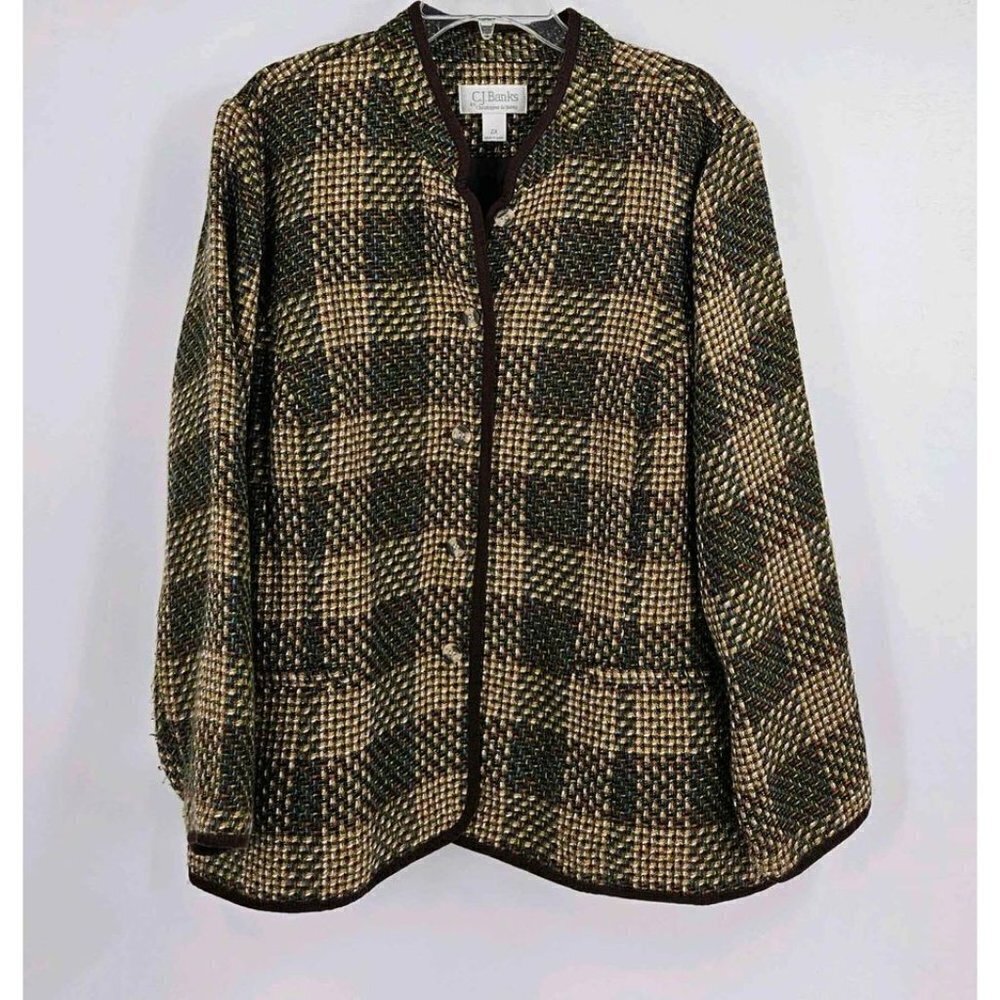 C.J. Banks Brown Green Crosshatch Lined Long Sleeve Button Front Jacket Sz 2X
